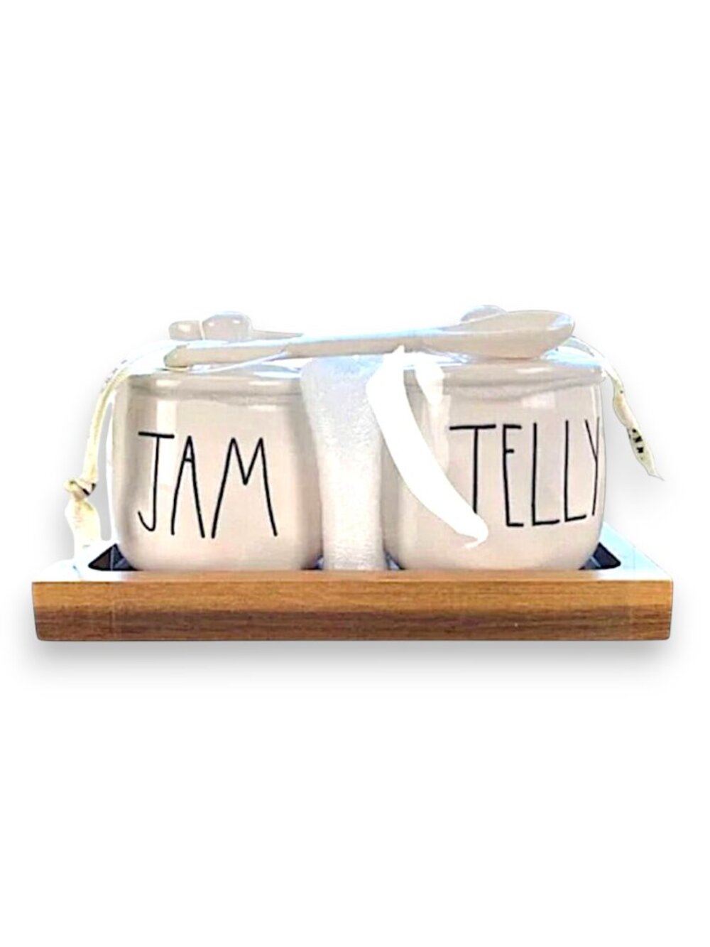 Rae Dunn Jam & Jelly White Ceramic Jar Set with Wooden Tray & Ceramic Spoons